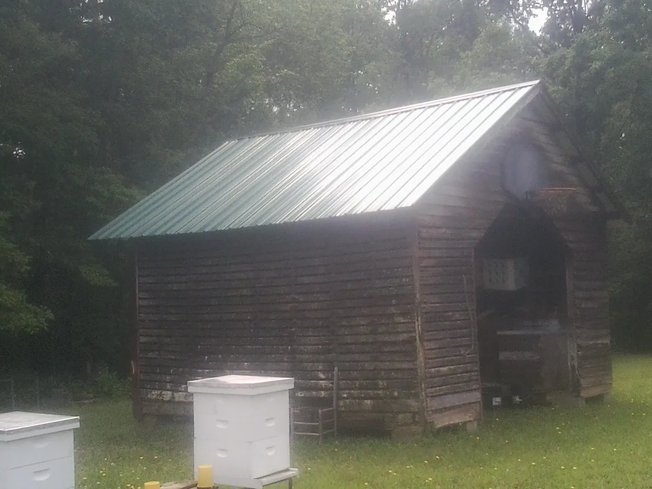 Green metal roof on a weathered barn beside stacked beehives in Pleasant Hill